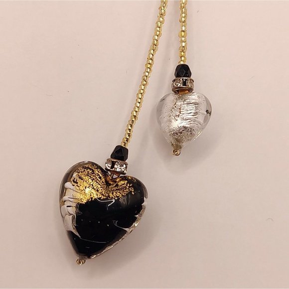 Vintage Gold Tone Clear Navy Clear Glass Beads Heart Necklace Earring Set - Picture 9 of 14